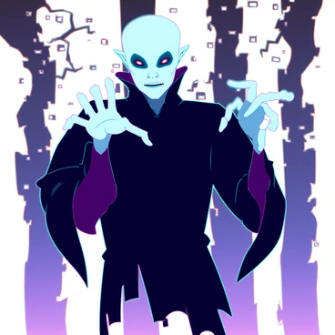 A classic Nosferatu figure with pale skin and pronounced facial features. Its haunting gaze is directed forward, showcasing deep-set, shadowy eyes. The figure has elongated fingers that taper sharply, poised and reaching as if to grasp something. It wears a tattered, dark cloak that flows around it, enhancing the eerie atmosphere. The background is shadowy, emphasizing the figure's menacing silhouette. The composition highlights the contrast between the figure's ghostly appearance and the darkness enveloping it.