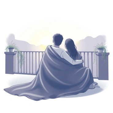 A couple is sitting closely together on a balcony, wrapped in a large, textured blanket that covers them both. They are gazing out towards the horizon where the sun is beginning to rise, casting soft light across the scene. The balcony is adorned with decorative railings and potted plants, adding a cozy feel. The couple is nestled against each other, with one person's arm around the other's shoulders. The atmosphere conveys a sense of warmth and intimacy as they share this tranquil moment.