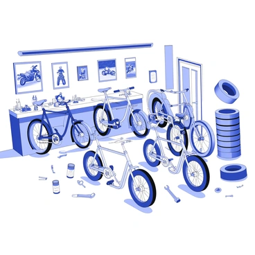A garage is filled with various vintage motorized bicycles. Each bicycle is in a different stage of restoration. Some bicycles have shiny, polished frames, while others are partially disassembled, with scattered tools and parts around them. A workbench is visible in the background, cluttered with wrenches, screws, and paint cans. On the walls, there are posters of classic motorcycle races. The garage has fluorescent lights illuminating the scene, casting shadows across the bicycles. A few empty tires are stacked in a corner, adding to the atmosphere of restoration work in progress.
