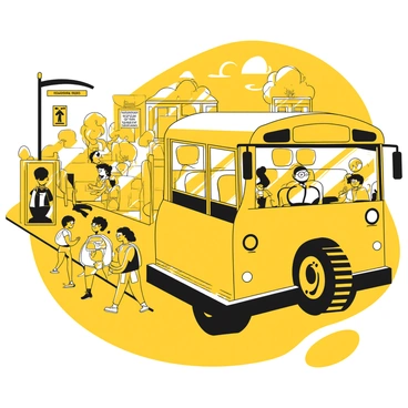 An interior view of a school bus with rows of yellow seats, designed for children. Through the large windows, a suburban bus stop is visible, with several kids approaching the bus. Some children are carrying backpacks, while others are laughing and chatting as they board. A crossing guard is nearby, ensuring their safety. The bus driver, a middle-aged man wearing glasses, is seated at the front, watching the children. Sunlight is streaming in through the windows, illuminating the interior of the bus.