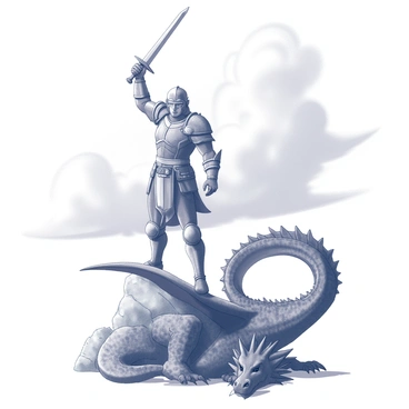 A strong warrior stands confidently atop a rocky outcrop. The warrior is clad in detailed armor, glinting in the light, holding a sword raised high in one hand. The defeated dragon lies sprawled beneath the warrior, its large wings spread wide and its scales intricately textured. In the background, the sky is filled with swirling clouds, adding a dramatic atmosphere to the scene. The warrior's expression is one of triumph, showcasing determination and strength.