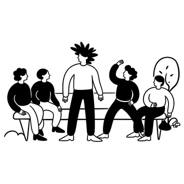 A person with wild hair stands in a park, surrounded by a group of individuals who are looking at them with curiosity. The person's hair is unkempt and voluminous, flowing in different directions. The others are dressed neatly, contrasting with the person's carefree appearance. The scene captures the dynamics of the group, with the person in the center, exuding an aura of spontaneity. Trees and benches are visible in the background, enhancing the park setting.