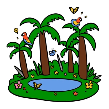 A lush tropical oasis featuring numerous tall green palm trees with broad leaves. The scene is filled with vibrant colors, showcasing colorful parrots with bright red, blue, and yellow feathers perched among the foliage. The ground is covered with rich, green grass and scattered tropical flowers in various shades. There is a small clear pond reflecting the surrounding vegetation, and a few exotic butterflies fluttering nearby. The atmosphere is filled with lively energy from the chirping parrots and the gentle rustle of palm leaves in the breeze.