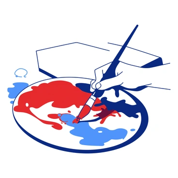 A close-up of an artist's hand holding a paintbrush, mixing vibrant paints on a round palette. The palette features splashes of red and blue paint, creating a dynamic swirl of color. The artist's fingers are stained with paint, showcasing the creative process. In the background, the edge of a canvas can be seen, implying an ongoing artwork. The hand is positioned at an angle, highlighting the motion of mixing the colors.