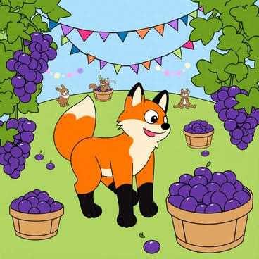 A vibrant festive scene features a cheerful fox with bright orange fur and a bushy tail, playfully standing among clusters of ripe purple grapes. The fox has large, expressive eyes that sparkle with excitement. Surrounding the fox are colorful banners and streamers fluttering in the gentle breeze, adding a lively atmosphere to the celebration. There are baskets overflowing with freshly picked grapes placed on the grass, some grapes scattered around, glistening in the sunlight. In the background, a group of small animals, such as rabbits and squirrels, are joyfully participating in the harvest, wearing tiny hats and bandanas. The sky is a clear blue, completing the cheerful setting of this grape harvest celebration.