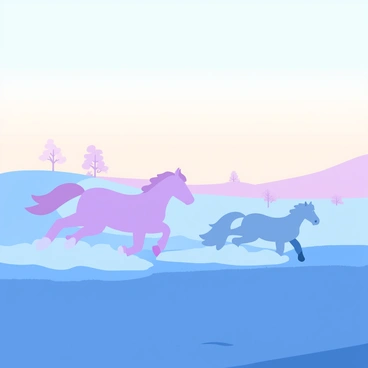 A ghostly herd of horses is galloping across a misty landscape during dawn. The horses are translucent with a shimmering effect, allowing their shapes to blend subtly into the surrounding fog. The landscape features rolling hills covered in a blanket of thick mist, with the soft glow of the rising sun casting pale light over the scene. In the background, faint silhouettes of trees are barely visible through the mist, enhancing the ethereal atmosphere. The sky is a gradient of soft pastels, transitioning from light blue to pale orange near the horizon.