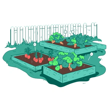A teal backyard features several raised garden beds filled with a variety of vibrant vegetables. Each garden bed is constructed from wooden planks and is overflowing with healthy plants, including red tomatoes, orange carrots, and green leafy greens. There are small white plant markers sticking out of the soil, identifying each type of vegetable. Surrounding the garden beds are patches of brown soil, with green grass peeking through. In the background, there is a white wooden fence that encloses the garden, completing the serene outdoor scene.