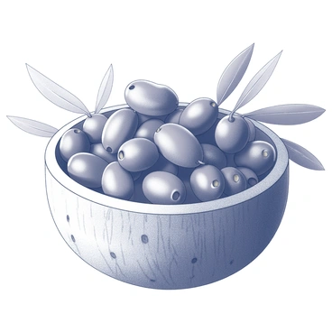 A rustic wooden bowl filled to the brim with olives. The olives are in different sizes and shapes, showcasing their natural textures. The bowl has a rough, handcrafted appearance, with visible grains and knots in the wood. Surrounding the bowl, there is scattered olive leaves, enhancing the organic feel of the scene. The overall composition emphasizes the abundance and freshness of the olives within the bowl.
