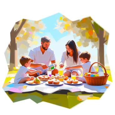 A family of four is gathered on a picnic blanket spread on the grass in a park. There are two children, a boy and a girl, eagerly reaching for a variety of snacks. The table is adorned with plates filled with birne-related snacks, including slices of pear, pear muffins, and pear-flavored juice boxes. The parents, a man with light brown hair and a woman with dark brown hair, are smiling as they pour drinks into cups. Nearby, a wicker basket holds more snacks and a bottle of sparkling water. In the background, tall trees provide shade while a bright blue sky enhances the cheerful atmosphere.