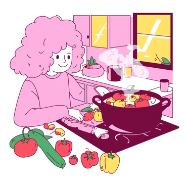 A pink character with curly hair is cooking a colorful stew in a warm kitchen. The character is chopping fresh vegetables on a wooden cutting board, surrounded by various ingredients like bright red tomatoes, yellow bell peppers, and green zucchinis. A large pot on the stove is filled with the simmering stew, steam rising from it. The kitchen has cozy wooden cabinets and a window letting in warm sunlight, illuminating the vibrant colors of the vegetables.