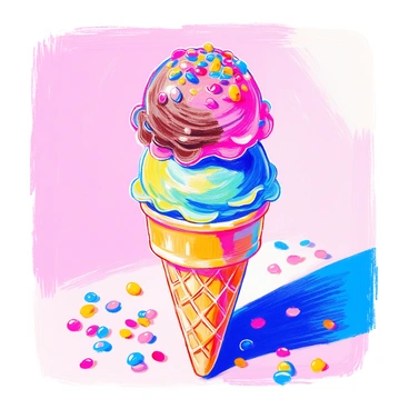 A colorful ice cream cone features three large scoops of ice cream stacked on top of each other. The bottom scoop is a vibrant pink, the middle scoop is a bright green, and the top scoop is a rich chocolate brown. Each scoop is generously topped with an assortment of colorful sprinkles in various shapes and sizes. The cone itself is made of a traditional waffle pattern, showcasing a golden-brown color. Sunlight reflects off the ice cream, creating a glossy finish that enhances the vibrant colors.
