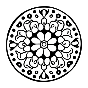 A circular mandala pattern featuring intricate, symmetrical designs. The pattern is filled with multiple daisy flowers, each with distinct petals surrounding a central core. The daisies are arranged in a repetitive and harmonious layout, creating a sense of balance throughout the design. Additional decorative elements, such as swirling lines and shapes, enhance the complexity of the mandala while maintaining the overall circular theme.