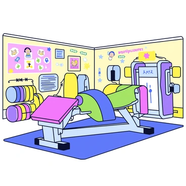 A kid-friendly gym with bright, colorful walls and playful decorations. In the center, there is a smaller leg extension machine specifically designed for children. The machine features adjustable settings to accommodate different heights, with purple and green padding for comfort. Nearby, there are other exercise stations, each tailored for kids, including a climbing wall and colorful weights shaped like animals. The floor is covered in soft, cushioned mats for safety, and there are cheerful posters promoting fitness and health around the room.