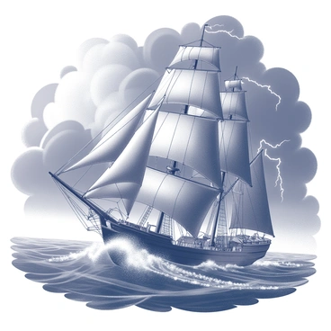 An ornate frontispiece depicting a large sailing ship navigating turbulent seas. The ship is detailed with multiple sails billowing in the strong wind, showing signs of wear and age. Large waves crash against the hull, with water spraying up around the ship. The sky above is filled with dark, swirling clouds that suggest an impending storm, and lightning can be seen illuminating the scene intermittently. The overall composition conveys a sense of adventure and struggle against nature, characteristic of classic nautical literature.
