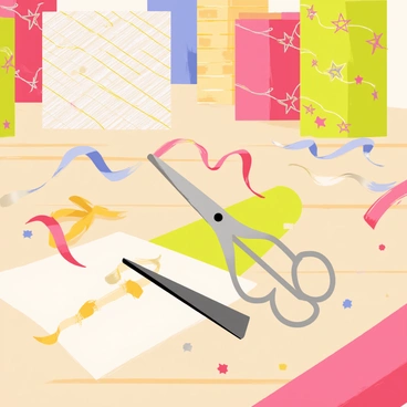 A wooden table covered in various colorful wrapping paper rolls, featuring patterns of stars, stripes, and polka dots. Scattered across the table are shiny, metallic ribbons in red, gold, and silver. A pair of sharp, silver scissors lies among the materials, ready for use. In the background, several neatly wrapped presents in different shapes and sizes can be seen, showcasing the vibrant wrapping paper.
