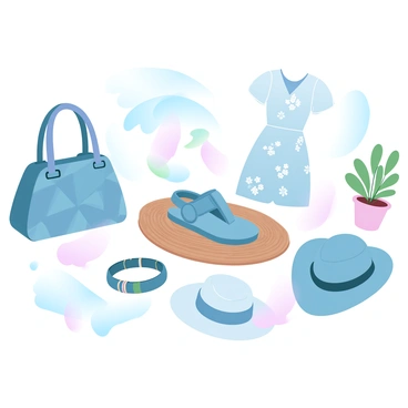 An assortment of eco-friendly fashion items is displayed on a soft gradient pastel background. There is a stylish handbag made of recycled fabric with a geometric pattern. Beside it, a pair of trendy sandals made from natural rubber sits on a woven mat. A lightweight dress made from organic cotton drapes elegantly, showcasing floral prints. Various accessories, such as a bracelet made from upcycled materials and a hat crafted from straw, are arranged nearby. A small potted plant adds a touch of nature to the scene, emphasizing the sustainable theme.