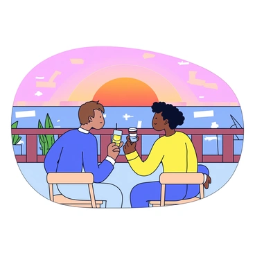 Two friends are sitting on a rooftop terrace. They are facing the horizon where the sunset is taking place, with vibrant orange and pink hues filling the sky. Each friend is holding a drink in their hands, one with a glass of lemonade and the other with a cup of coffee. The terrace has a simple wooden railing and a few potted plants placed around. The friends are casually dressed, with one wearing a blue shirt and the other in a yellow top.