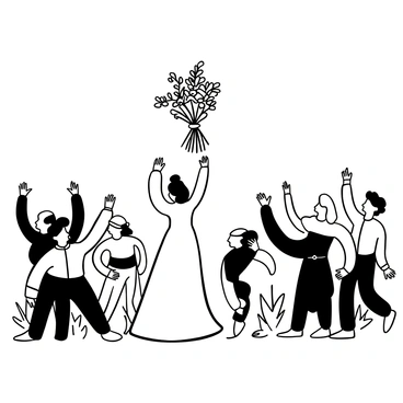 A bride in a flowing wedding gown is standing with her back to the viewer, tossing her bouquet over her shoulder. The bouquet is made of assorted flowers tied together with a ribbon. In the foreground, a group of enthusiastic friends is gathered, eagerly reaching out with hands extended, their dresses and outfits varied in style. The scene is set outdoors, with trees and wedding decorations subtly framing the background.