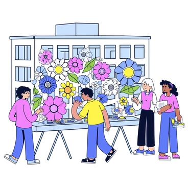 An artist is positioned in front of a large city building, focusing intently on their work. The wall is covered in a vibrant mural created from discarded items like bottle caps, old newspapers, and plastic pieces. The artist is using a variety of tools, including paintbrushes and glue, to carefully arrange these materials into an intricate design. The mural features images of colorful flowers and abstract shapes, showcasing the transformation of waste into art. Surrounding the mural, onlookers admire the creative process, providing a sense of community and engagement.