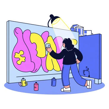 A graffiti artist wearing a dark hoodie is painting a large, colorful mural on a wall. The mural features bold shapes and vibrant colors, showcasing an abstract design. A bright spotlight shines down from above, highlighting the area where the artist is working. The ground is scattered with spray paint cans in various colors. The background includes a slightly dimmed urban setting, with hints of buildings and a night sky.
