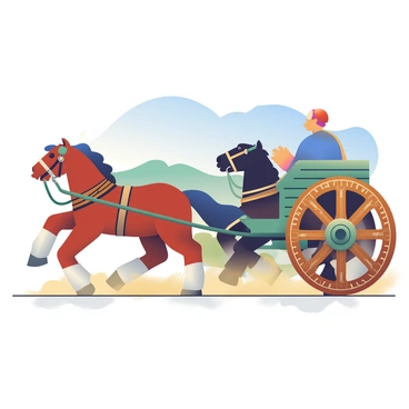 An ancient chariot with large, intricately carved wooden wheels and sturdy axles is positioned in the foreground. The chariot's frame is decorated with ornate patterns, showcasing its craftsmanship. Two powerful horses, one chestnut and the other black, are harnessed to the chariot, straining against the reins as they pull it forward. The road beneath them is dusty, with clouds of fine dirt kicking up around the horses' hooves. In the background, there are distant rolling hills under a clear blue sky. The sunlight casts shadows, highlighting the details of the chariot and the horses, creating a vivid scene.