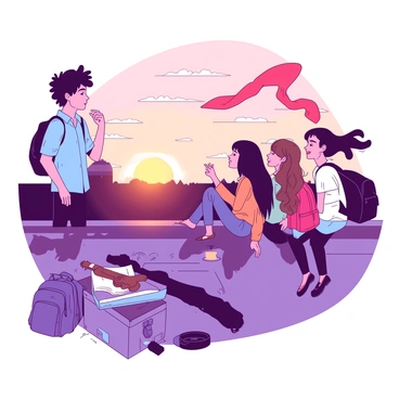 A group of teenagers is gathered on a high school rooftop. One character, a boy with tousled black hair and a light blue shirt, is standing at the edge, gazing thoughtfully at the sky. The sun is setting, casting a warm glow over the scene, and the sky is painted with hues of orange and pink. The other teenagers, wearing casual clothes, are sitting on the ledge, laughing and chatting, while one girl with long brown hair is playfully tossing a bright red scarf in the air. The rooftop is surrounded by a low wall, and there are scattered items like backpacks and a guitar resting on the ground. The atmosphere is lively yet reflective, capturing the essence of youthful camaraderie.