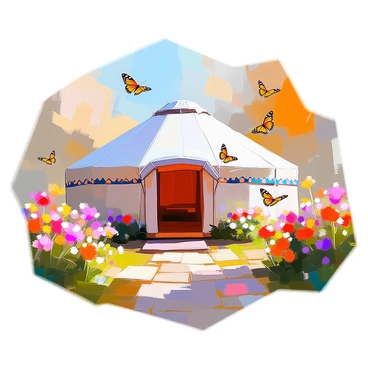 A colorful yurt with a mix of bright blues, reds, and yellows stands in the center of a vibrant garden. The yurt is adorned with intricate patterns along its canvas, and its entrance is open, revealing a glimpse of the cozy interior. Surrounding the yurt, a variety of blooming flowers in shades of pink, purple, and yellow create a lush backdrop. Butterflies with strikingly vivid wings flutter around the flowers, adding movement and life to the scene. The sun casts a warm light over the garden, enhancing the colors and creating a cheerful atmosphere.