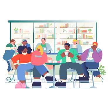 A bustling café scene is filled with people engaged in conversation and relaxation. In the foreground, a group of friends is seated at a round table, sipping coffee and laughing. They are diverse, with various hairstyles and clothing, such as a woman with curly black hair wearing a red sweater and a man with short brown hair donning a blue jacket. 

In the background, the architecture of the café features large glass windows, allowing sunlight to filter in, illuminating the space. The walls are adorned with wooden shelves filled with books and plants, adding a cozy touch. There are baristas working behind the counter, serving drinks and pastries. 

Outside, a few pedestrians stroll by, and some bicycles are parked near the entrance, completing the lively atmosphere of the café scene.