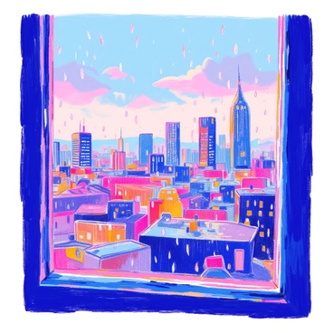 Raindrops are falling on a window, creating small droplets that trickle down the glass. The window provides a view of a sprawling city skyline in the background. Tall buildings with reflective surfaces are visible, some with intricate architectural designs. The sky is filled with grey clouds, indicating a rainy day. A few lights are starting to turn on in the buildings as evening approaches, adding a soft glow to the scene.