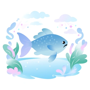 A magical fish with sparkling fins is swimming gracefully in a clear, shimmering pond. The fish has vibrant scales that reflect various pastel colors. Surrounding the pond are lush green plants with delicate flowers in soft hues. In the background, there are whimsical trees with twisting trunks, and the sky is filled with fluffy, pastel-colored clouds. Small, twinkling lights hover above the water, adding a touch of enchantment to the scene.
