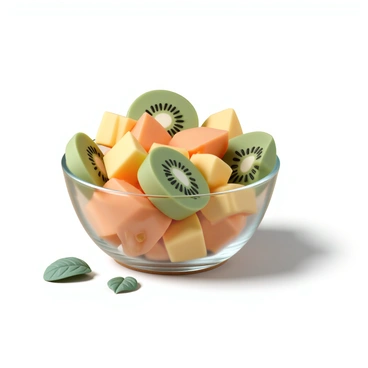 A colorful fruit salad displayed in a clear glass bowl. The salad contains slices of green kiwi with small black seeds, yellow pineapple chunks, and orange papaya pieces. The fruits are arranged artfully, creating a vibrant contrast of colors. The bowl is placed on a wooden table, and a few scattered mint leaves are visible around the base, adding a touch of freshness.
