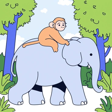 A gibbon with soft, light brown fur is gently riding on the back of a large, friendly elephant. The elephant has a light gray skin tone and large, expressive eyes. The scene is set in a dense forest filled with tall green trees and lush foliage. Sunlight filters through the leaves, creating dappled light on the ground. The gibbon is holding onto the elephant's ears with its long arms, while the elephant walks calmly along a path covered in fallen leaves.