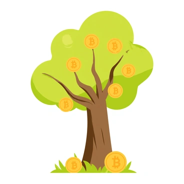 A tall 3D tree with a thick brown trunk and vibrant green leaves. The branches are spread wide and heavy with numerous golden bitcoins hanging as fruits. Each bitcoin is circular, shiny, and has the iconic "B" symbol embossed on it. The ground beneath the tree is a mix of grass and yellow coins scattered around, reflecting the sunlight. The scene includes a clear blue sky above, enhancing the bright colors of the tree and the bitcoins.