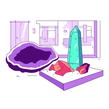 A white museum shelf displays a collection of sparkling mineral specimens, each one reflecting light in unique ways. The shelf is arranged with various shapes and sizes of minerals, including a large purple geode with its interior glittering under the lights. Next to it, there is a vibrant teal quartz crystal standing tall, surrounded by smaller red and orange mineral pieces. The background features a soft-focus view of the museum's interior, enhancing the visual appeal of the displayed specimens.