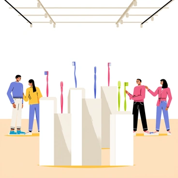 An art gallery featuring bright white walls and polished wooden floors. In the center of the gallery, there are various toothbrushes displayed on sleek glass pedestals. Each toothbrush has a unique design and color, including vibrant pink, blue, and green. The toothbrushes are arranged in an artistic manner, some standing upright, while others are placed at angles to create visual interest. Soft lighting highlights the toothbrushes, casting gentle shadows on the floor. Visitors can be seen observing the displays, with expressions of curiosity and intrigue on their faces.
