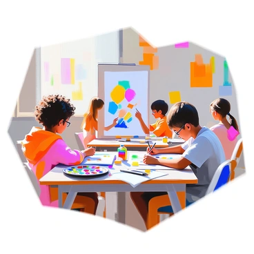 A group of students sitting at their desks in an art classroom, each focused on creating vibrant poster designs. Each student is surrounded by various art supplies, including colored markers, paint tubes, and sheets of brightly colored paper. One student with curly hair is drawing a bold design in blue and yellow, while another student wearing glasses is cutting out shapes from colored paper. On the tables, there are paintbrushes, a palette with splashes of paint, and a stack of finished posters showcasing diverse styles. The walls are decorated with colorful artwork, adding to the lively atmosphere of the class.