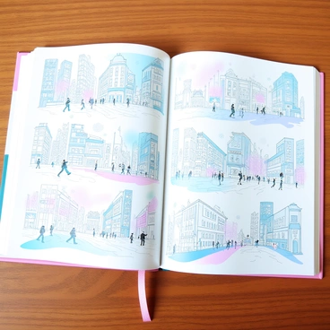 A book with a textured cover lies open on a wooden table. The pages display various urban sketches illustrating vibrant cityscapes filled with tall buildings and intricate architectural details. Each page features bustling streets populated with miniature figures walking, cycling, and engaging in various activities. The background is filled with details like street lamps, trees, and shopfronts, creating a lively atmosphere. The sketches are done in fine lines paired with soft pastel colors, enhancing the urban essence of the scenes depicted.