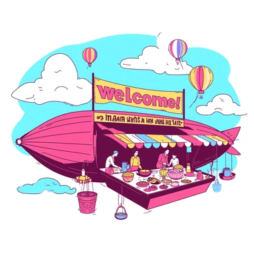 A large airship floats gracefully in a bright sky, adorned with vibrant banners. The deck of the airship is bustling with activity, showcasing various colorful stalls. Vendors enthusiastically display "exotic goods" from around the world, including ornate pottery, intricate textiles, and unique spices. A group of people is seen browsing the stalls, examining items with expressions of curiosity. Above the market, colorful balloons drift, adding to the atmosphere of festivity. A "welcome" sign in bright letters hangs from the side of the airship, inviting visitors to explore the floating market.