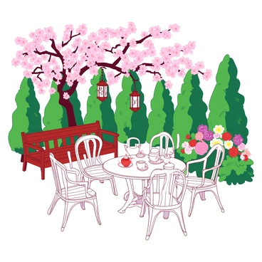 A vintage-style tea garden with old-fashioned furniture and classic decor.