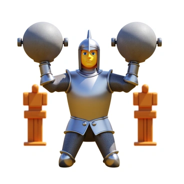 A knight in shiny silver armor is engaged in a shoulder press exercise. The knight is using heavy medieval weights, which resemble large stone spheres with iron handles. The setting is an open training ground, with wooden training dummies in the background. The knight has a focused expression as they lift the weights above their head. Sunlight casts shadows on the ground, highlighting the intricate details of the armor and the worn texture of the weights.