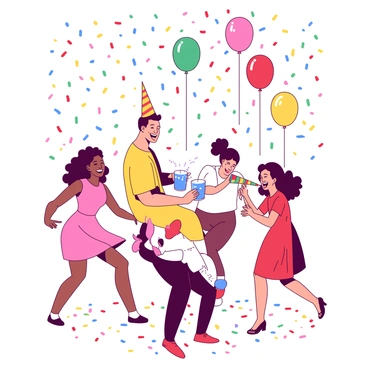 A vibrant scene of a celebration filled with colorful confetti raining down from above. In the foreground, several characters are joyfully dancing and laughing. There is a tall character wearing a bright yellow party hat, holding a sparkling blue drink, and another character in a red dress is blowing on a colorful party horn. Behind them, balloons of different shapes and colors float in the air. The ground is scattered with various shades of confetti, creating a lively atmosphere.