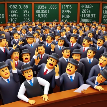 A crowded trading pit filled with stock traders from the early 20th century. The traders are dressed in period-appropriate attire, including dark suits, vests, and bowler hats. Men are animatedly gesturing with their hands, while others are holding papers and shouting prices. Some traders are seen leaning over a wooden railing, closely watching the activity below. The scene is bustling with urgency, with expressions of excitement and tension on the traders' faces. The background features large chalkboards displaying stock prices and numbers, adding to the chaotic atmosphere of the trading environment.