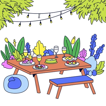 An outdoor apero setup in a lush garden filled with vibrant green plants and colorful flowers. A wooden table is elegantly arranged with an assortment of appetizers on decorative plates. Glasses filled with sparkling drinks are placed around the table, alongside small bowls of snacks. Fairy lights are strung from the branches of trees, casting a warm glow over the scene. A gentle breeze rustles the leaves, while a few comfortable seating options, like soft cushions and small benches, are scattered around the setup.
