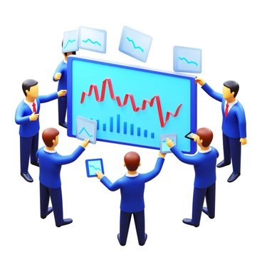A group of brokers in business attire engaging with floating digital stock charts. The brokers are gathered around a large virtual display showcasing various stock graphs and trends. Each broker is focused on the information presented, with some pointing at specific charts while others are discussing insights. The stock charts are animated, displaying rising and falling lines in vibrant colors. The brokers are using tablets and smartphones to access additional data, creating a sense of interaction and urgency in the trading environment. The overall composition emphasizes the dynamic nature of the stock market.