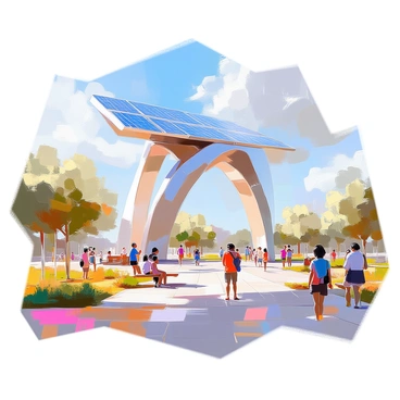 A public art installation prominently displaying an array of solar panels integrated into its structure. The installation features a large, abstract sculpture made of metal and glass that rises into the sky, with the solar panels positioned at various angles to capture sunlight. The panels reflect light and cast dynamic shadows on the ground below. Surrounding the installation are landscaped areas with native plants and walking paths that invite visitors to explore the space. People of diverse backgrounds can be seen interacting with the artwork, some taking photos while others sit on benches nearby.