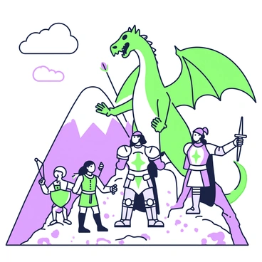 A group of four characters stands on a rugged mountain peak, facing a majestic dragon that towers above them. The first character, a knight in shining armor, holds a sword at the ready, his expression fierce and determined. Beside him, a wizard in a flowing robe raises a staff, casting a spell with a look of concentration. To the left, an elf with pointed ears aims a bow, an arrow nocked and ready to fly. The last character, a sturdy warrior with a shield, stands firm, prepared to defend the group. The dragon, with scales that glint, spreads its wings wide, casting a shadow over the characters. In the background, jagged mountain tops rise into a cloudy sky, adding to the dramatic atmosphere of the scene.