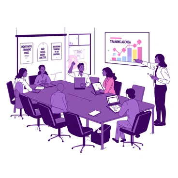 A group of new hires is seated at a long, rectangular table in a conference room. The table is made of dark wood and is equipped with modern electronic devices, including microphones and screens displaying the training agenda. The walls of the room are adorned with framed motivational quotes. Several new hires are taking notes on their laptops, while others are engaged in discussions with each other. A confident trainer stands at the front of the room, pointing to a large presentation screen that shows a colorful graph. The atmosphere is focused and professional, with natural light streaming in through large windows.