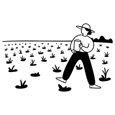 A farmer wearing a wide-brimmed hat stands in a field, crouched down to examine rows of crops. The plants exhibit stunted growth, with uneven heights scattered across the field. Dark patches are visible in the soil, indicating areas affected by pollution. The farmer holds a clipboard in one hand, jotting down observations, while the other hand gently touches the stunted plants. In the background, the horizon features a faint outline of trees.