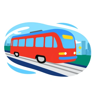 A colorful tram with a sleek design is positioned on a set of gleaming metal tracks. The tram features large windows and vibrant paint, showcasing shades of red and blue. The wheels of the tram are visibly pressed against the shiny rails, creating a slight curve as they make contact. Small sparks are depicted at the junction where the wheels meet the rails, illustrating the friction between them. In the background, there are hints of a bustling cityscape with buildings and trees, adding context to the scene.