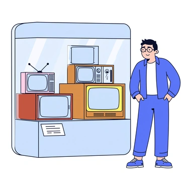 A collector stands in front of a display of antique televisions in a museum. The collector is a middle-aged man, wearing glasses and a casual sweater. He has a look of fascination on his face as he leans slightly forward. The display features several vintage televisions, each with distinct designs and colors. Some televisions have wooden casings with intricate details, while others have chrome accents. The museum background includes soft lighting that highlights the collection. A small informational plaque is visible next to the display, providing details about the televisions.